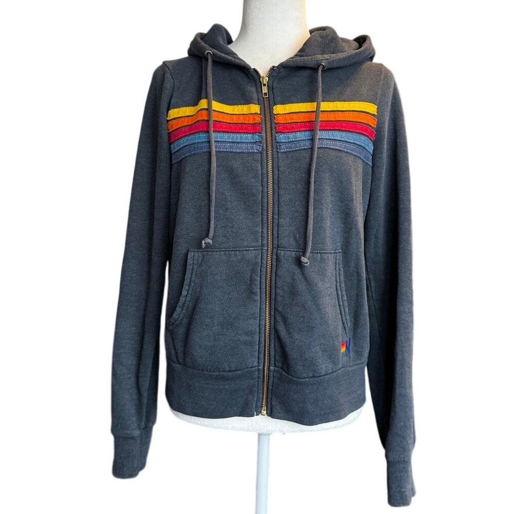 Aviator Nation Rainbow 5 Stripe Full Zip Hoodie in Charcoal Size XS USA